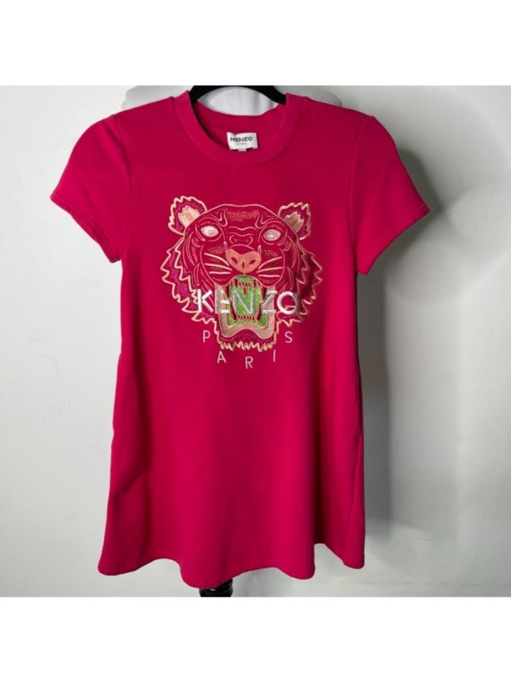 Kenzo Kids Girls Pink Tiger Logo Dress Fuchsia Cotton Trapeze Dress Size 12A 12Y